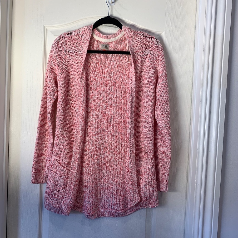 ONLY Blue Behaviour Pink & White Open Knit Cardigan Sweater S Valentine Cozy